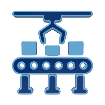 3D rendered icon of an automated assembly line with a robotic claw and boxes, featuring a glossy blue finish on a transparent background, for industry isolated on a transparent background
