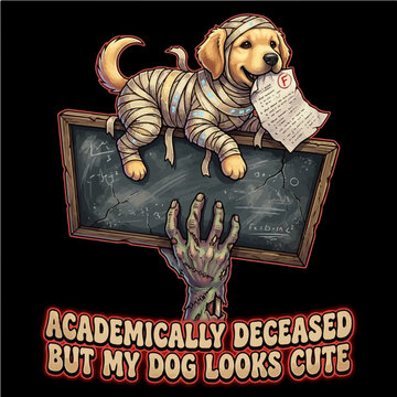 Funny mummy dog and zombie hand holding chalkboard vector illustration, Academically Deceased graphic design for student print on demand.