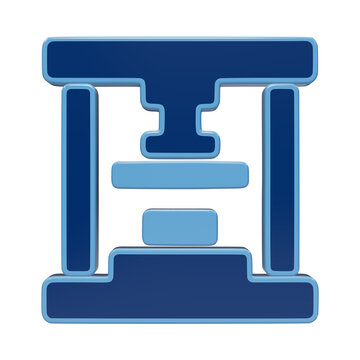 3D rendered icon of an industrial hydraulic press machine, featuring a glossy blue finish on a transparent background, for manufacturing and metalworking isolated on a transparent background