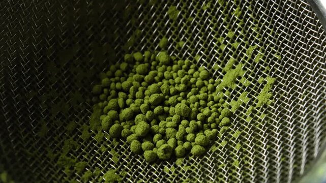 Close-up of matcha powder in a sieve