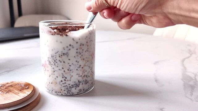 Woman's hand places a teaspoon into a jar of cottage cheese dessert with chia, oats and cocoa, healthy breakfast on a white kitchen table.