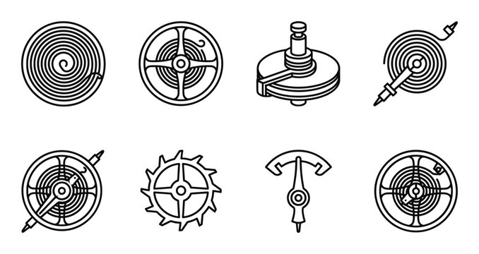 Watch movement components icons, clockwork mechanism line art set