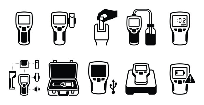Water turbidity meter icon set, black white line art for environmental testing