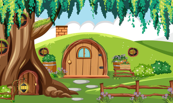 Magical fairy tale treehouse and hobbit hill home with wooden door, lantern, fence, and flowers vector illustration