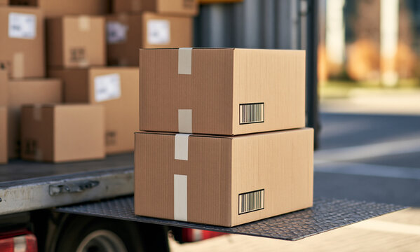 shipping box being loaded into back of a shipping truck