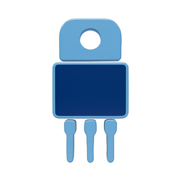 3D rendered icon of a three-pin electronic transistor component, blue color scheme on a white background, semiconductor hardware and circuit isolated on a transparent background