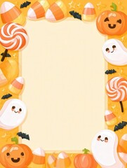 Fototapeta premium Cute Halloween frame with pumpkins ghosts and copy space