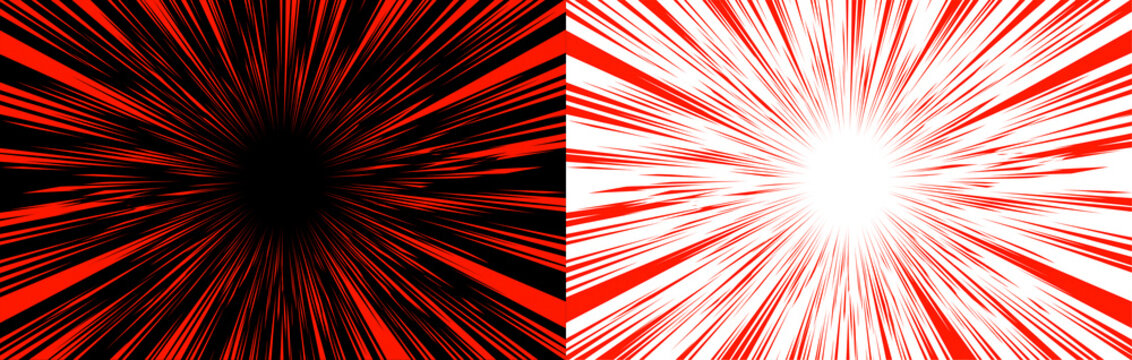 Abstract comic book speed lines background with red and black contrast, dynamic radial rays for manga action effects isolated on transparent background