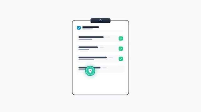 Interactive digital clipboard displays completed tasks with green checkmarks and a security badge for verification and compliance