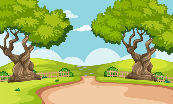 Countryside dirt road scene with big green trees, wooden fences, and rolling hills vector illustration