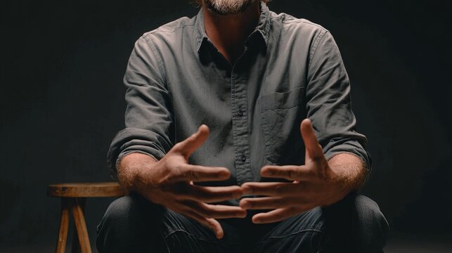 Man seated thoughtfully with hands clasped, presenting a somber mood against a dark background, conveying introspection and contemplation for conceptual use