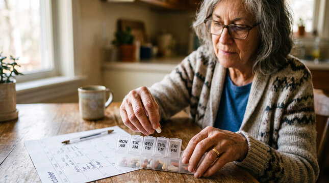 Senior woman organizing weekly medication pills in a plastic organizer at home table