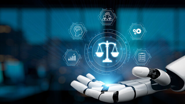 A futuristic robot hand prominently features scales of justice, illuminated by technology icons. This image symbolizes the intersection of law and digital innovation in a modern context. Synapse