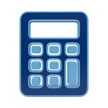 A 3D icon of a calculator with a screen and numeric keypad, rendered in glossy blue colors, isolated on a white background, for clear and, easy application isolated on a transparent background