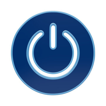 A 3D icon of a circular power button symbol, rendered in glossy blue tones, isolated on a white background, representing startup, shutdown, or energy isolated on a transparent background