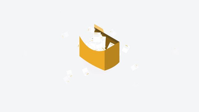 Isometric folder filling up with paper documents and changing color to red representing information overload data accumulation digital clutter and database management