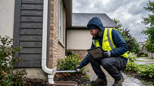 Building inspector examining house exterior with tablet for property assessment and maintenance