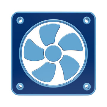 A 3D icon of a computer cooling fan with five blades and a square frame, rendered in glossy blue tones, isolated on a white background, for easy use isolated on a transparent background