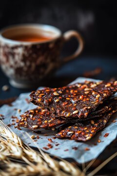 Spicy pumpkin seed brittle on parchment paper dusted with chili flakes, served with tea