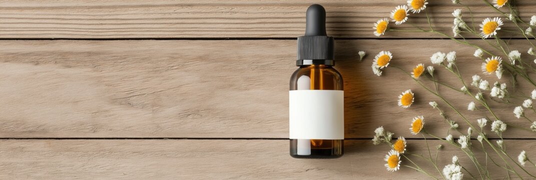 Essential oil bottle with blank label and flowers on wooden surface. Natural product, lifestyle concept