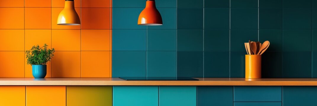 Modern kitchen interior with colorful tiles, orange pendant lights, and utensils in container