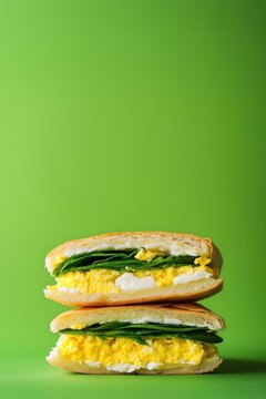 Scrambled eggs wrap with spinach and feta on green background