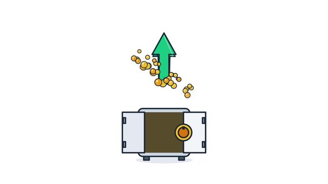 Metal safe box opens to release green arrows and gold coins flying upwards symbolizing financial growth, wealth accumulation, and successful investment profit.