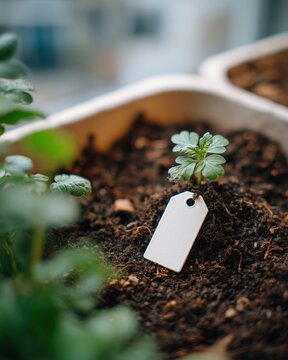 Blank white plant tag in dark soil next to a small green seedling. Indoor gardening concept showing new plant growth