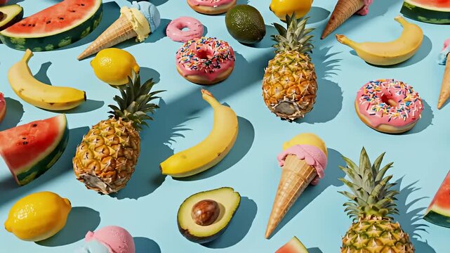 Tropical fruit and dessert pattern on blue surface