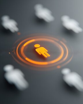 Glowing orange human icon in center of circular target with blurred white figures, symbolizing leadership, recruitment selection, target audience, human resources concept