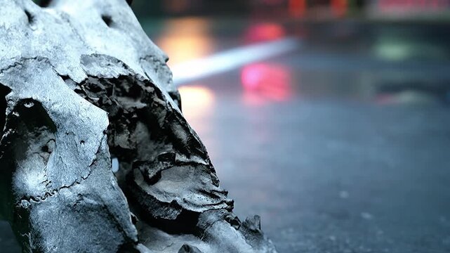 An animal skull is lying on the ground in a city street at night. Nearby lights create reflections on the wet pavement. The scene is quiet with only the distant sound of traffic.