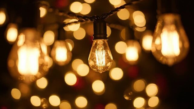 Vintage string of glowing light bulbs hanging against a dark background with bokeh with video close vintage blurred background illumination incandescent celebration with decoration