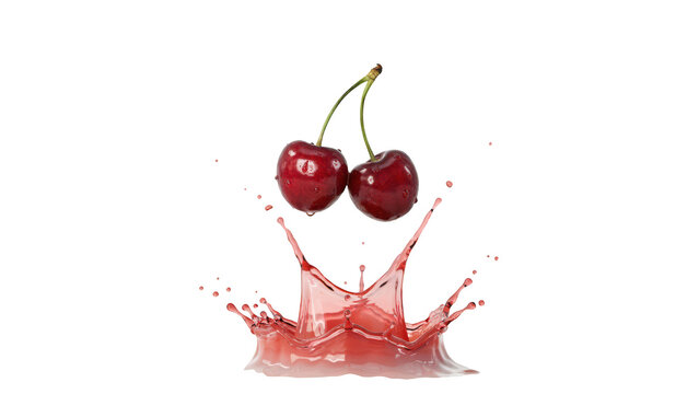 Two ripe red cherries with green stems falling into red juice creating a large liquid splash with droplets on a solid black background, macro