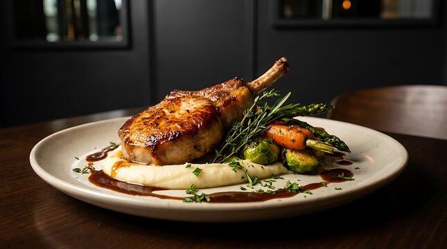 Delicious grilled pork chop served with mashed potatoes and roasted vegetables on a modern dining plate. chuleta de cerdo