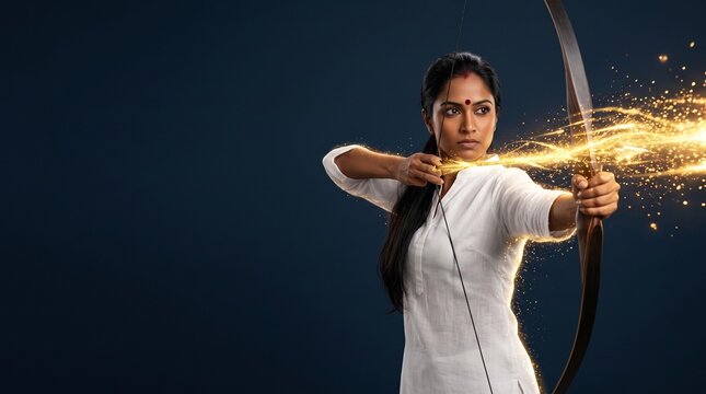 Confident South Asian woman archer in white tunic, powerful inspiring mood, releasing glowing golden spark arrow for Dussehra festival concept, dark blue matte background with copy space