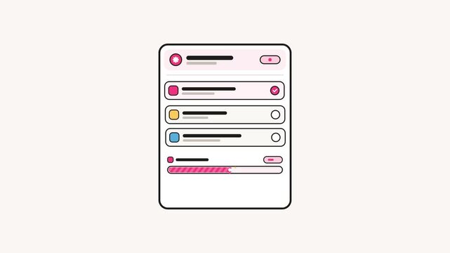 Minimalist mobile app interface displaying an online survey with multiple choice options being selected and successfully completed with a pink checkmark.