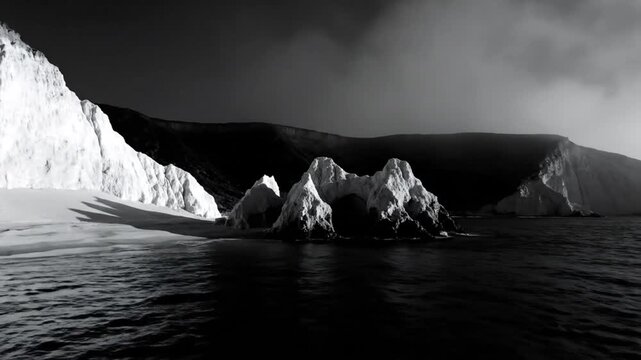 Dramatic monochrome landscape of icy formations, sea, and cliffs under a moody, overcast sky, evocative scenery