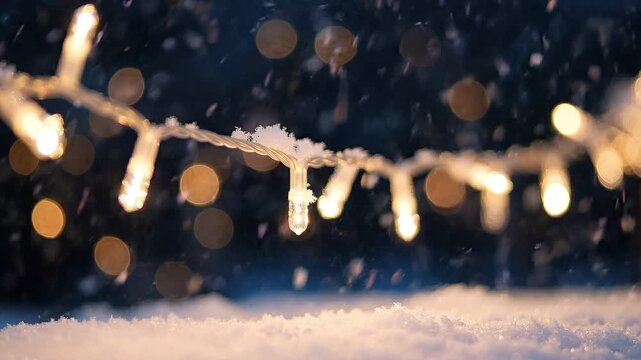 Festive string lights glowing softly above a snowy surface during a gentle snowfall at night with video decorative lights hanging over snow covered ground falling snowflakes