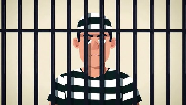 Sad Cartoon Prisoner Wearing Black and White Striped Uniform