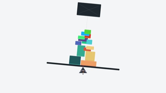 Minimalist physics simulation showing colorful blocks stacking on a balancing scale beam until it tilts and loses equilibrium