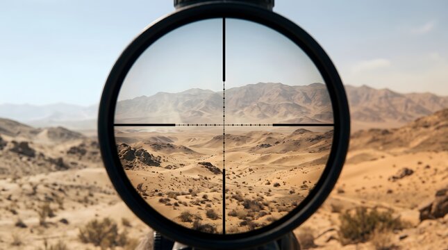Sniper scope view of desert mountains for tactical surveillance.
