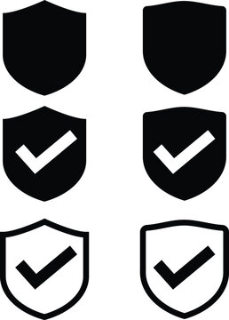 Shield check mark icon set security protection verification safety approval black and white outline solid vector