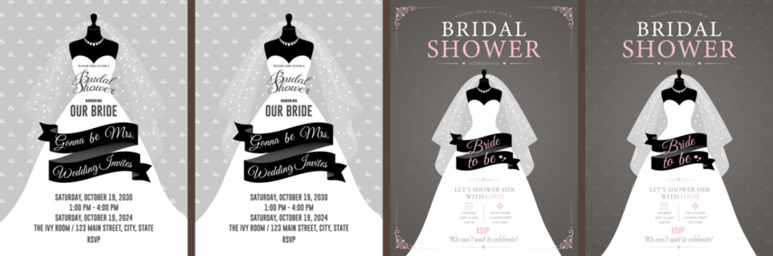 Bridal Shower Invitation Banner Collection with Wedding Dress and Decorative Designs