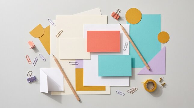 Colorful stationery and office supplies flat lay arrangement.