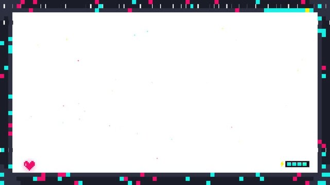 Retro pixel art gaming frame overlay with glitch effect heart icon and battery power indicator transitioning on white background