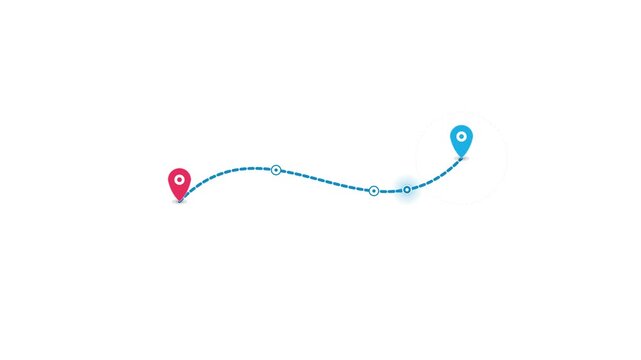 Pathway route connects red starting point marker to blue destination pin on white background to show navigation journey.