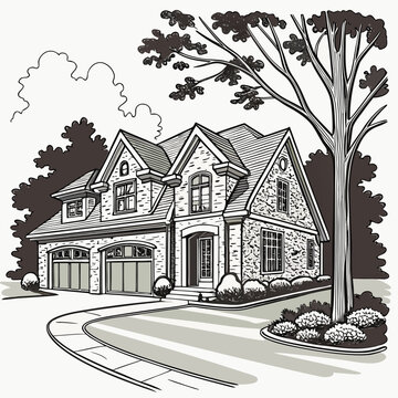 Luxury stone duplex home with double garage and driveway in a suburban neighborhood