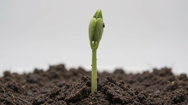 Three stages of a green bean plant growing from dark soil against a white background with video displays chronological development bean sprout emerging soil unfurling leaves