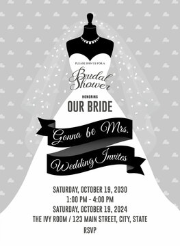 Bridal Shower Invitation Card Template. Wedding Illustration. Silver Variation.