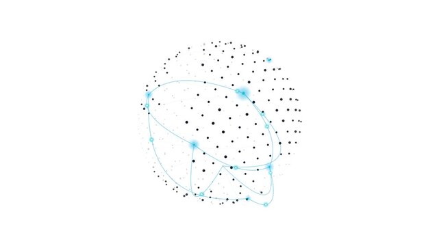 Rotating digital sphere of black dots and blue glowing network connection lines zooms in against a clean white background